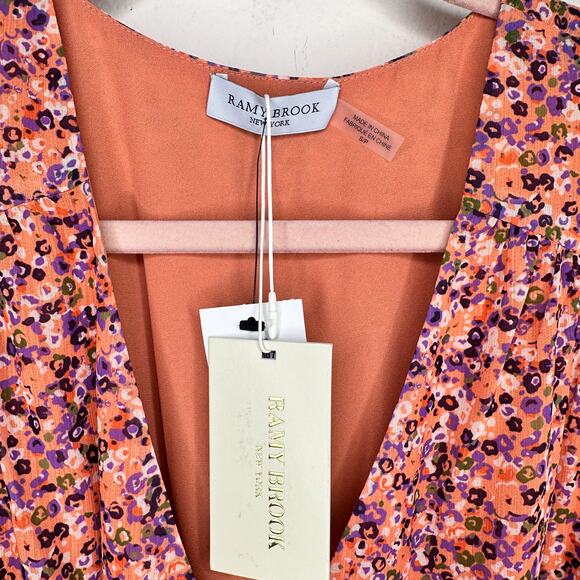 NWT Ramy Brook Xian Floral Tiered Tie Waist Long Sleeve Mini Dress Orange Small - Picture 8 of 16